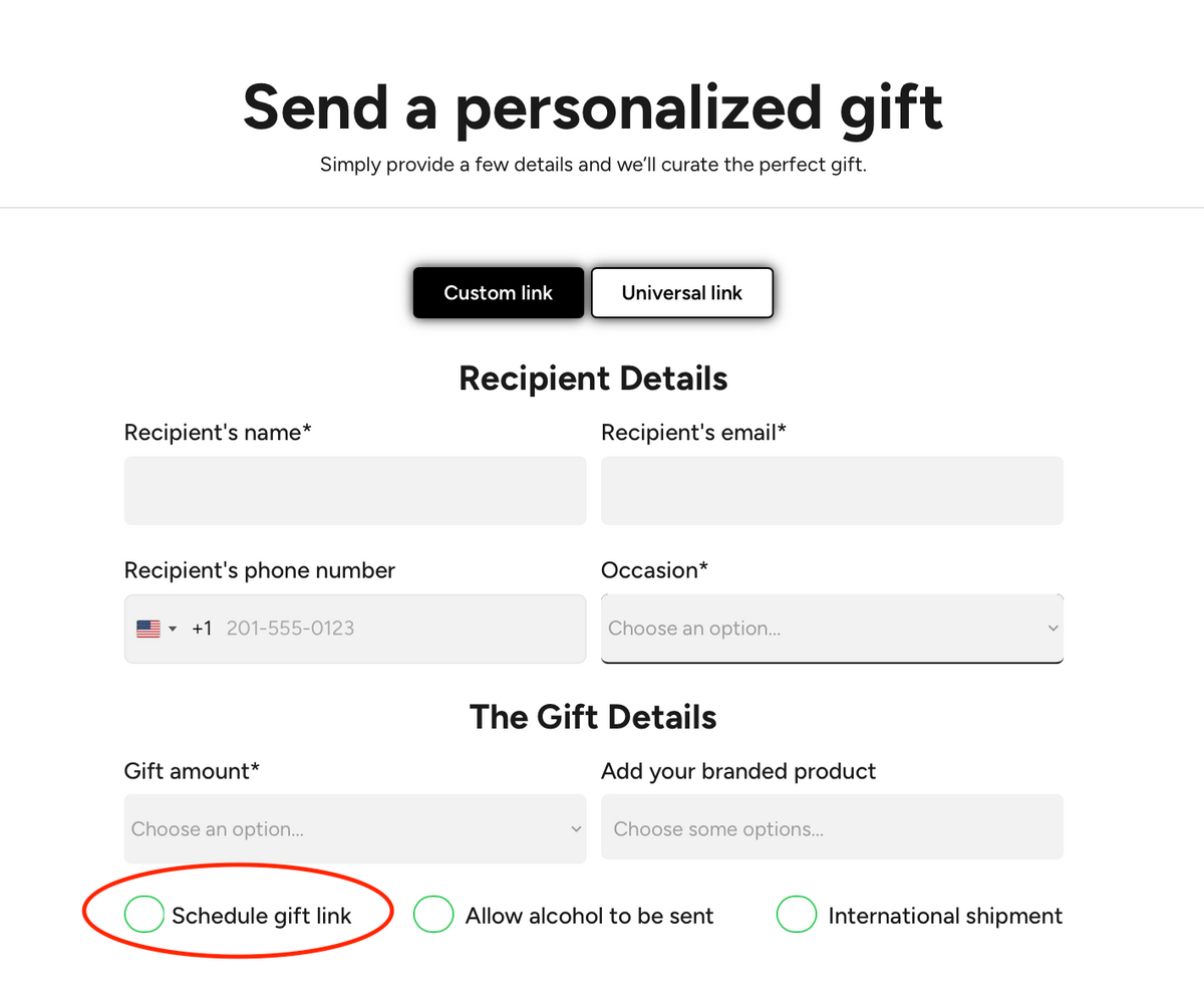 Schedule when your gift link is sent