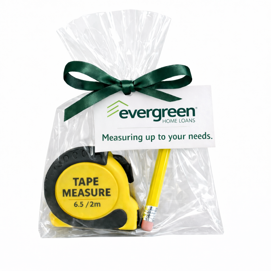 Tape measure and pencil set in a clear bag with a green ribbon, branded 'evergreen home loans'.