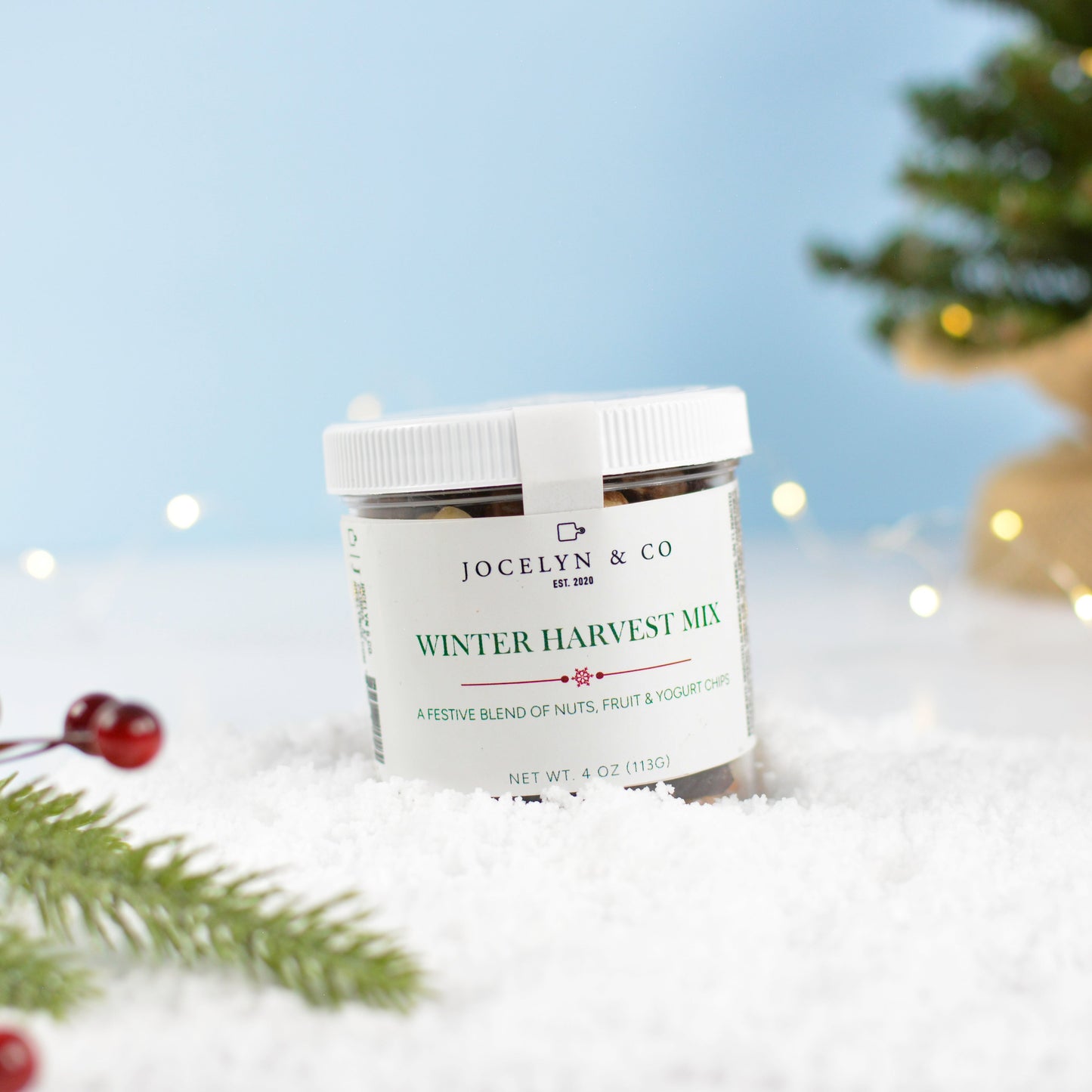 Jar of 'Winter Harvest Mix' by Jocelyn & Co. on a snowy surface with Christmas decorations.