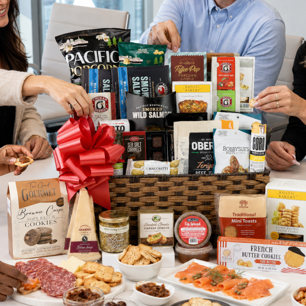 Assorted gourmet food items including cookies, meats, and cheeses on a table with a red bow.