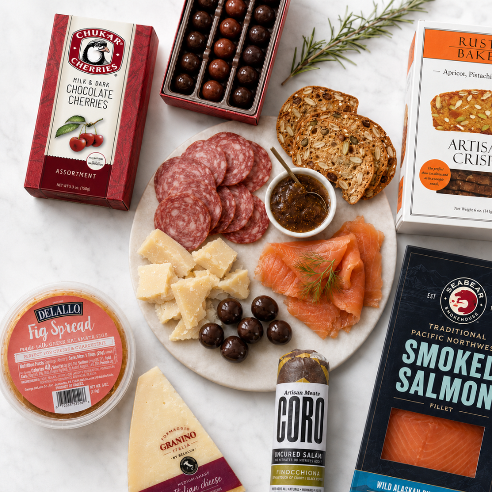 Assorted food items including smoked salmon, salami, and cheese on a white surface with packaging around.