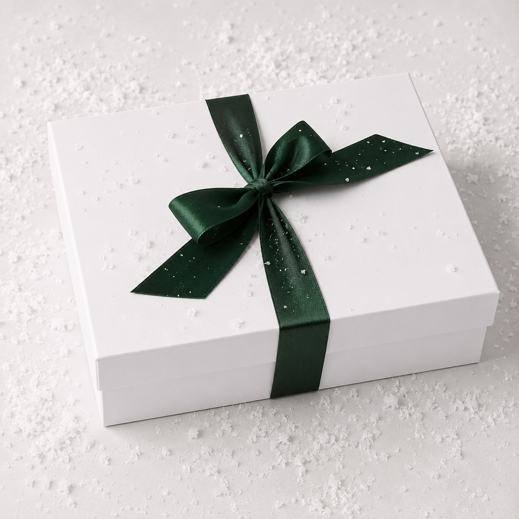 A white square gift box tied with a dark green satin ribbon and bow, photographed on a light textured surface with scattered white specks.